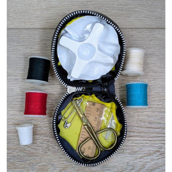 Vintage Black Leather Mini Zippered Round Sewing Kit Embroidered Floral  3" - Picture 10 of 12